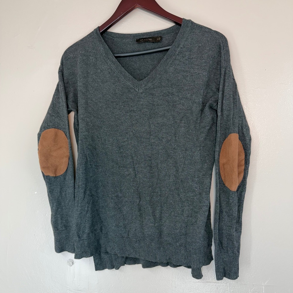 The Limited Gray V-Neck Sweater Brown Elbow Patches Academic Preppy Small
